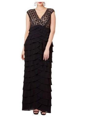 Adrianna Papell Black and Beige Lace Bodice Tiered Midi Dress
